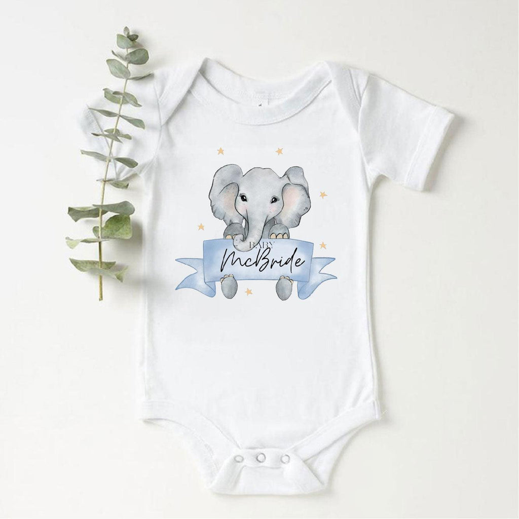 'Babies Surname' Personalised Blue Elephant Baby Vest - Babbico