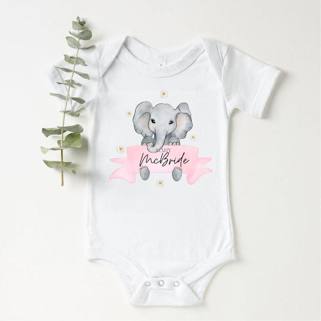 'Babies Surname' Personalised Pink Elephant Baby Vest - Babbico