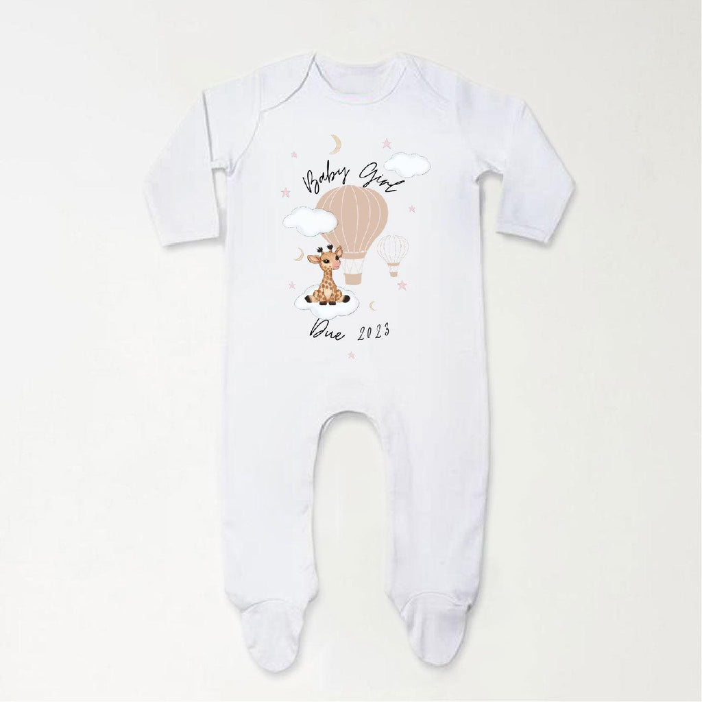 'Baby Girl Due 2023' Personalised Baby Girl Giraffe Sleepsuit - Babbico