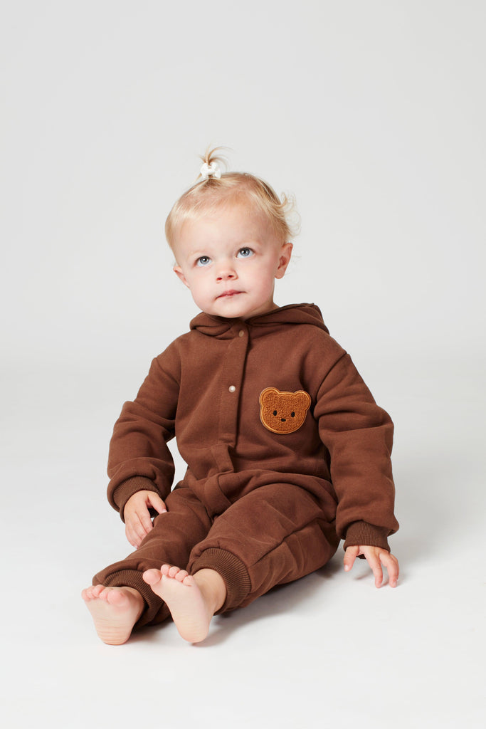 Personalised Brown Fleece Hooded Boucle Teddy Baby Romper - Babbico