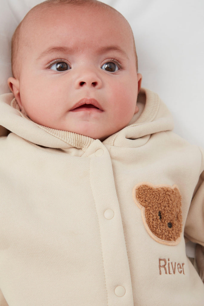 Personalised Cream Fleece Hooded Boucle Teddy Baby Romper Jumpsuit - Babbico