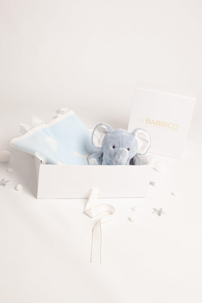 Eddie The Elephant Plush Blue Toy & Rattle Blanket Baby Gift Set - Babbico