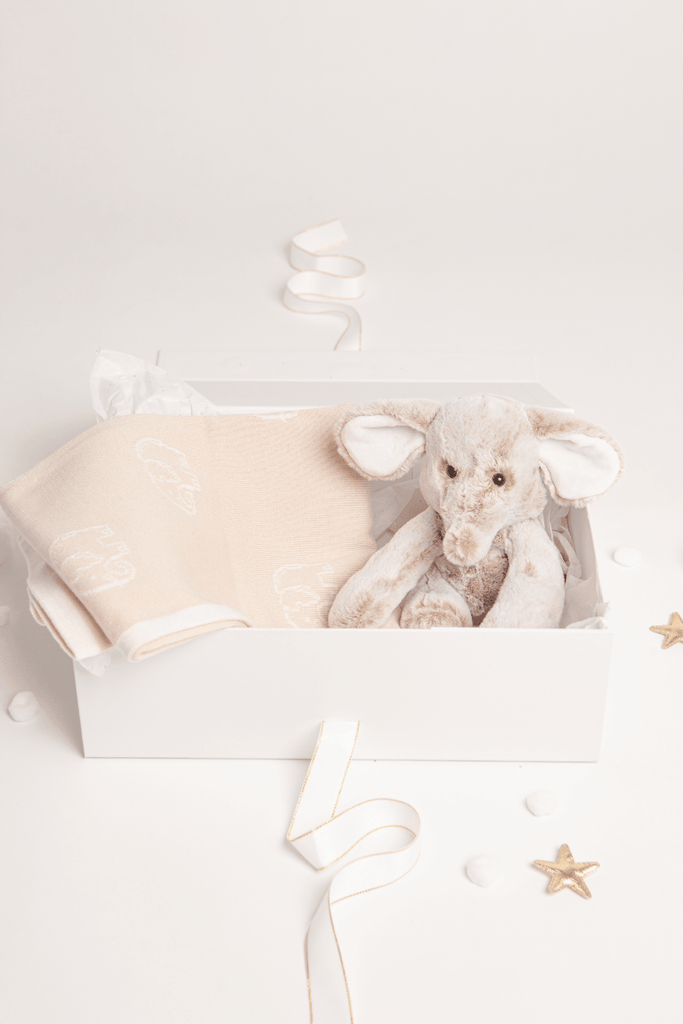 Esme The Elephant Plush Beige Toy & Elephant Print Blanket Baby Gift Set - Babbico