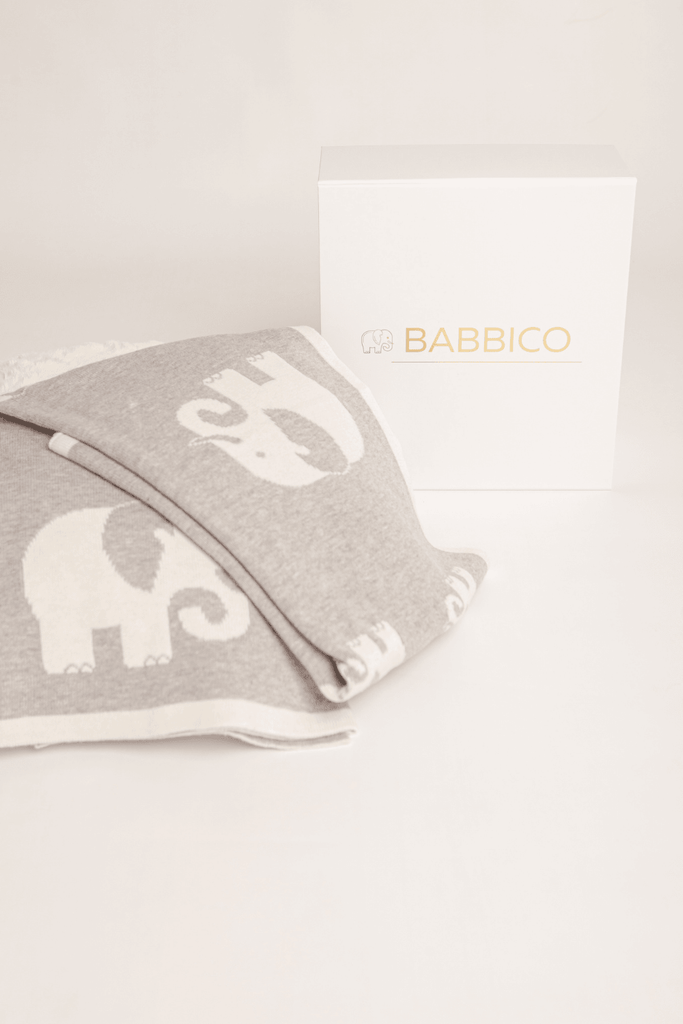 Grey & White Reversible Elephant Print Cotton Baby Blanket - Babbico