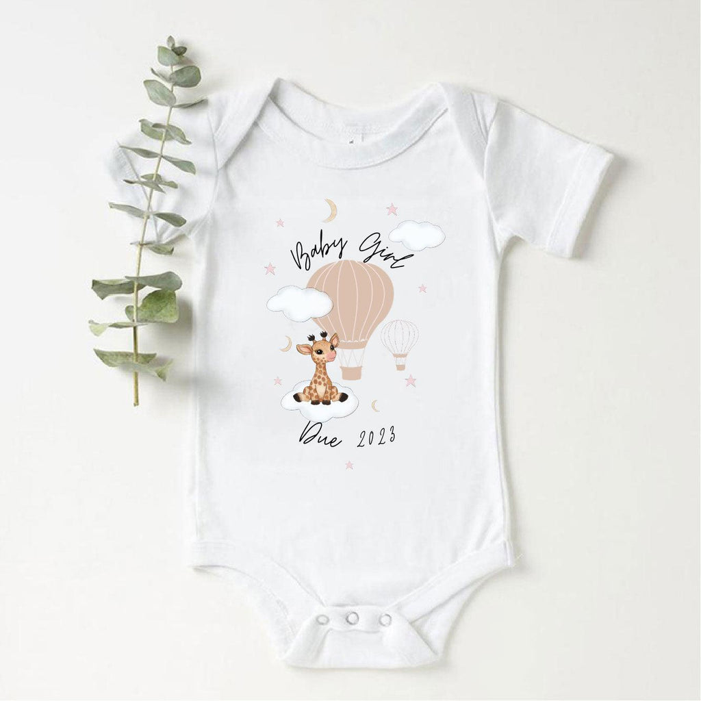 'Baby Girl Due 2023' Personalised Giraffe Baby Vest - Babbico