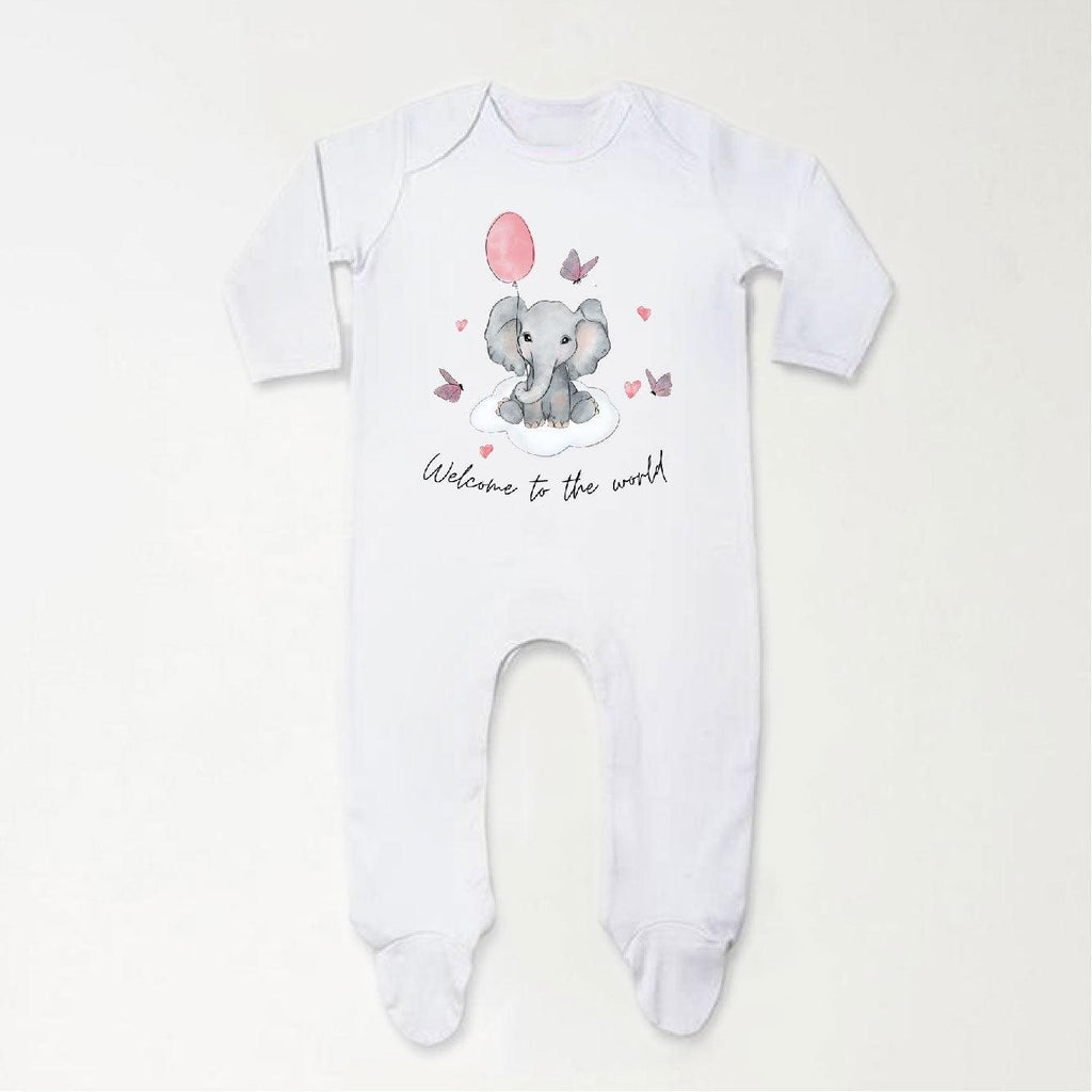Baby Girl 'Welcome To The World' Baby Elephant Balloon Sleepsuit - Babbico