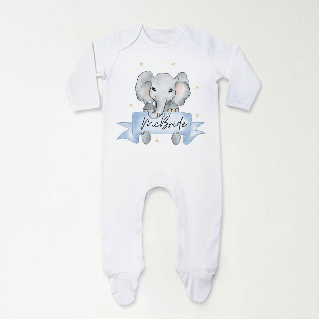 'Baby Surname' Personalised Baby Boy Theme Elephant Sleepsuit - Babbico