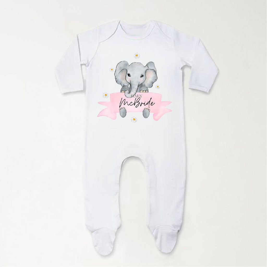 'Baby Surname' Personalised Baby Girl Theme Elephant Sleepsuit - Babbico