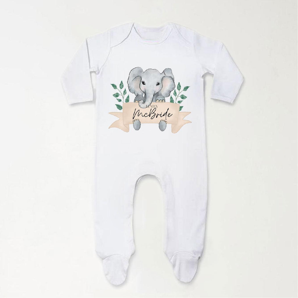 'Baby Surname' Personalised Unisex Baby Elephant Sleepsuit - Babbico