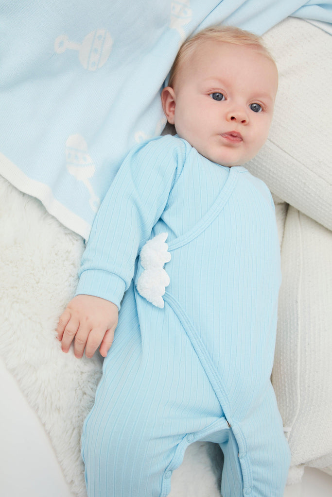 Blue Boucle Angel Wing Baby Romper - Babbico
