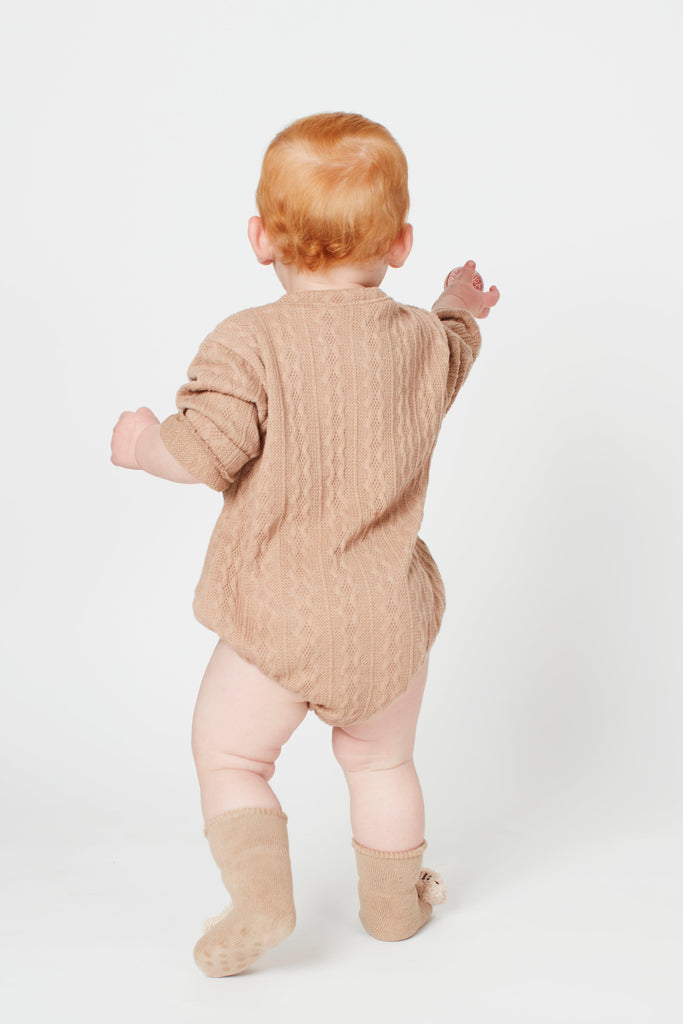 Brown Textured Long Sleeve Teddy Bear Boucle Baby Vest - Babbico