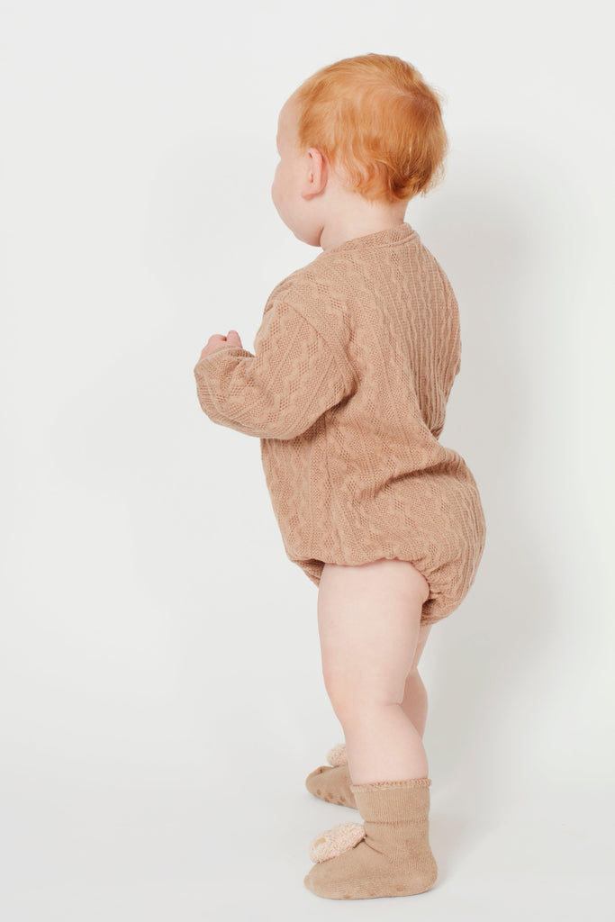 Brown Textured Long Sleeve Teddy Bear Boucle Baby Vest - Babbico