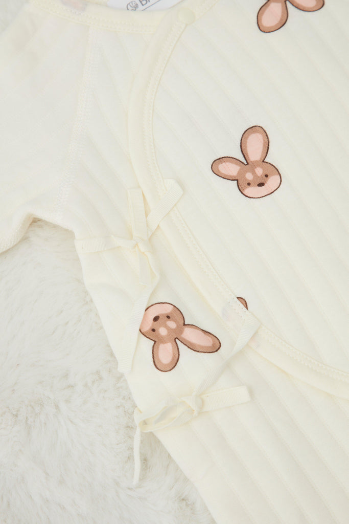 Bunny Print Ribbed Boucle Wrap Baby Romper - Babbico
