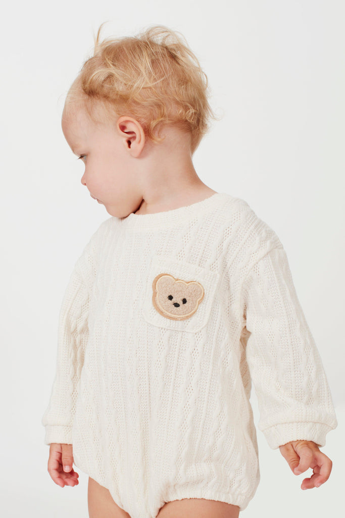 Cream Textured Long Sleeve Teddy Bear Boucle Baby Vest - Babbico