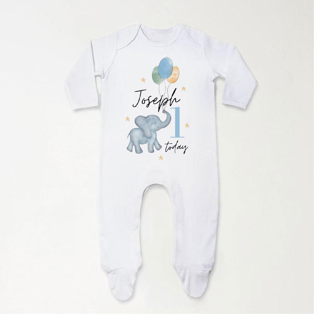 'One Today' Personalised Baby Elephant Sleepsuit - Babbico