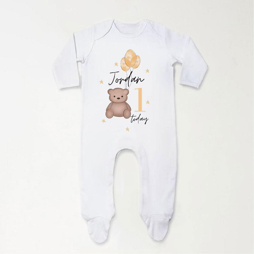 'One Today' Personalised Baby Teddy Bear Sleepsuit - Babbico
