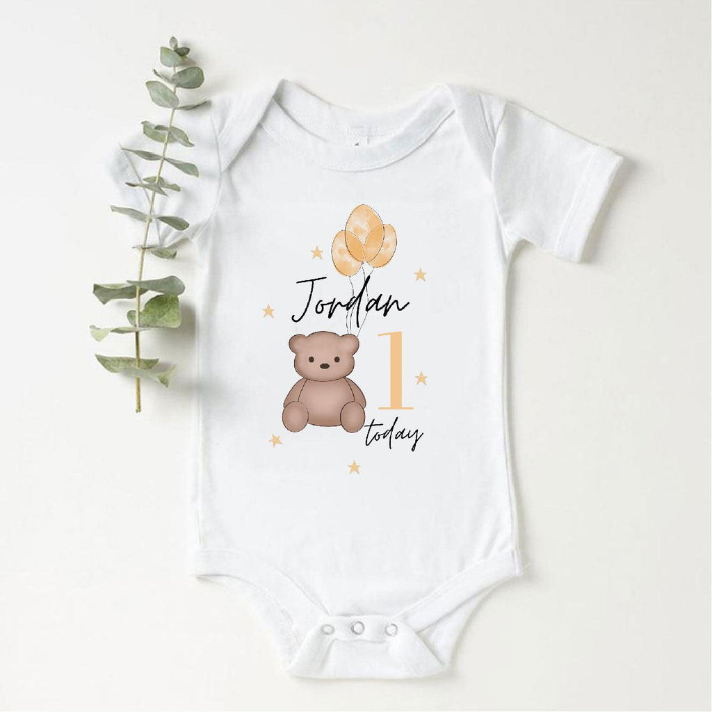 'One Today' Personalised Teddy Bear Baby Vest - Babbico