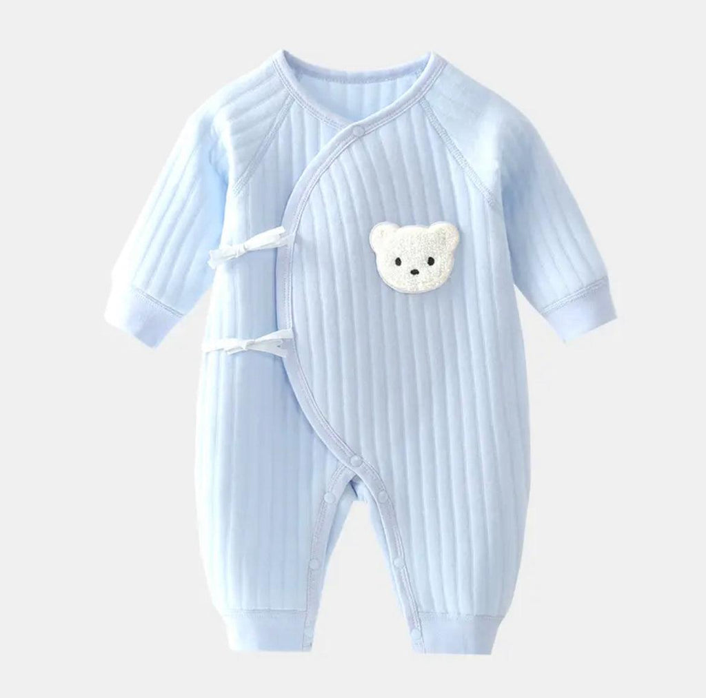 Personalised Blue Ribbed Teddy Boucle Wrap Baby Romper - Babbico