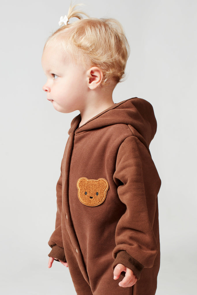 Personalised Brown Fleece Hooded Boucle Teddy Baby Romper - Babbico
