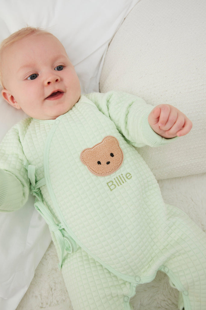 Personalised Green Quilted Teddy Bear Boucle Wrap Baby Romper - Babbico