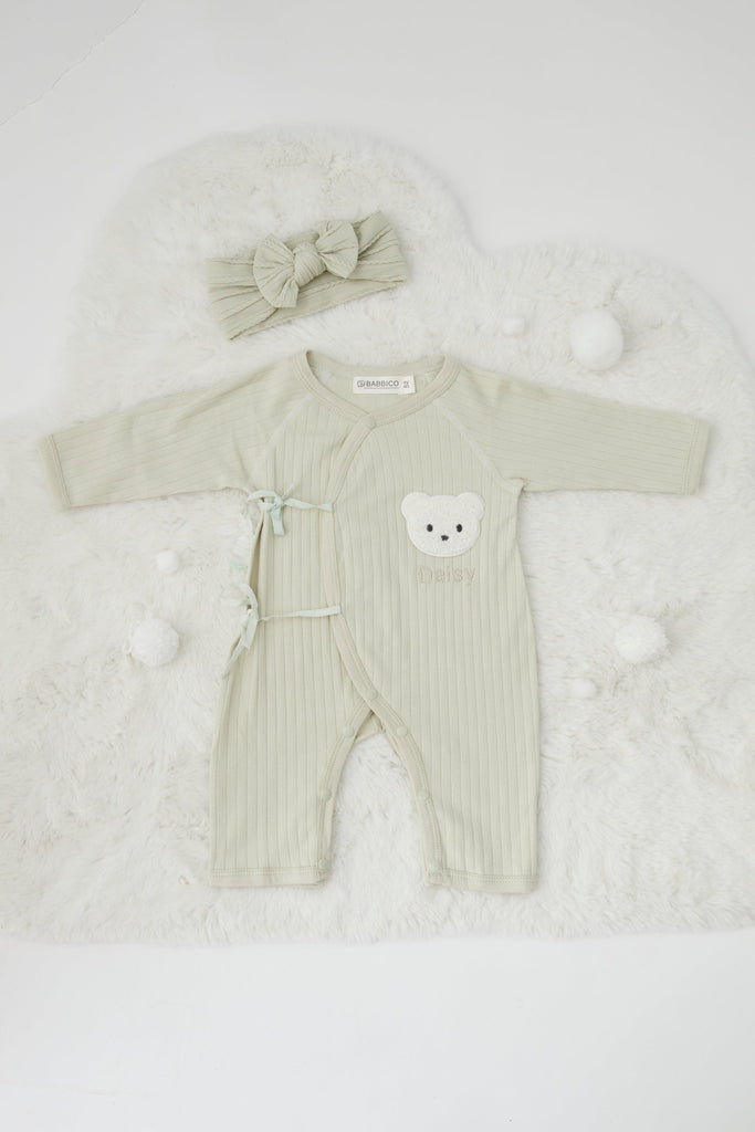 Personalised Light Sage Snow Bear Boucle Wrap Baby Grow Romper - Babbico