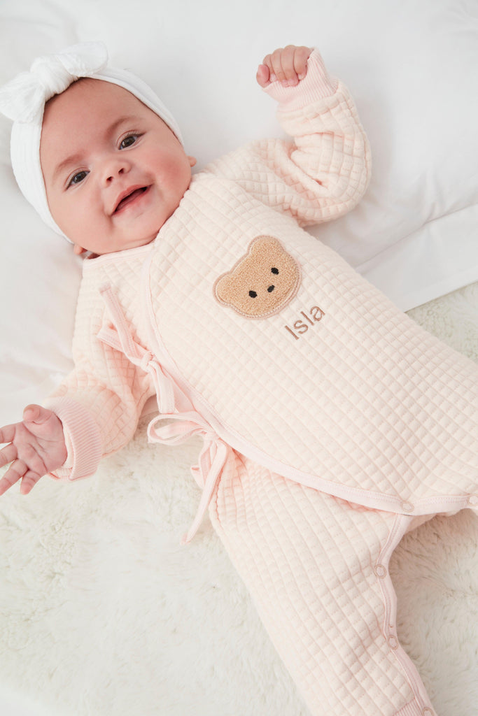 Personalised Pink Quilted Teddy Bear Boucle Wrap Baby Romper - Babbico