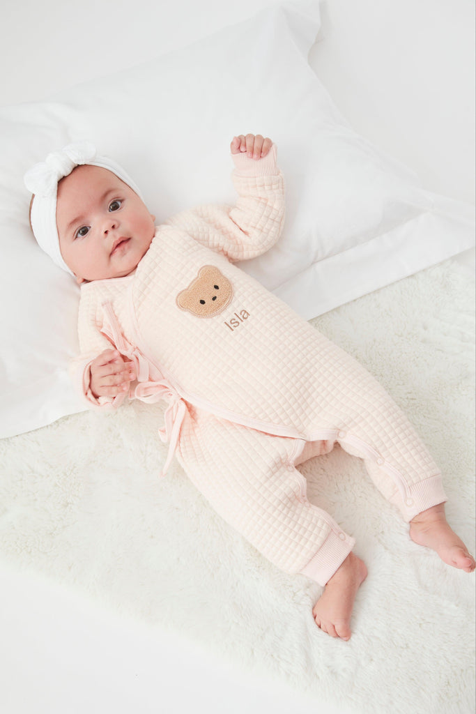 Personalised Pink Quilted Teddy Bear Boucle Wrap Baby Romper - Babbico