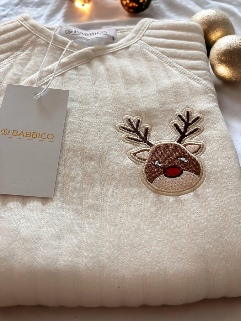 Personalised Reindeer Ribbed Boucle Wrap Baby Romper - Babbico