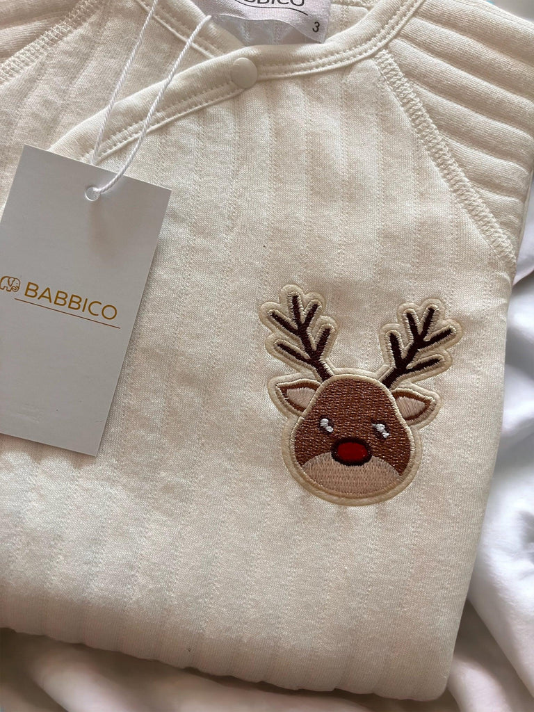Personalised Reindeer Ribbed Boucle Wrap Baby Romper - Babbico
