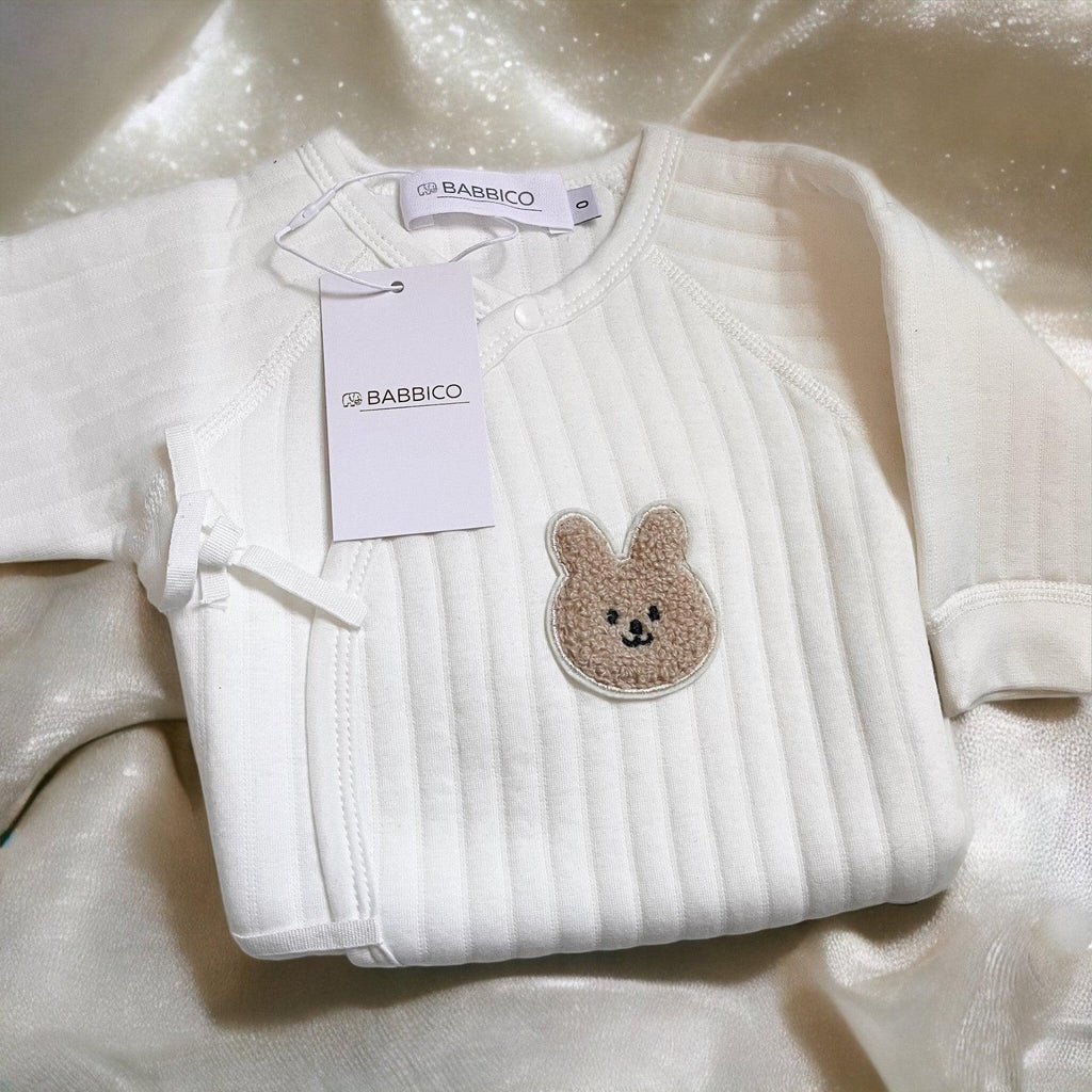 Personalised White Beige Ribbed Bunny Boucle Wrap Baby Romper - Babbico