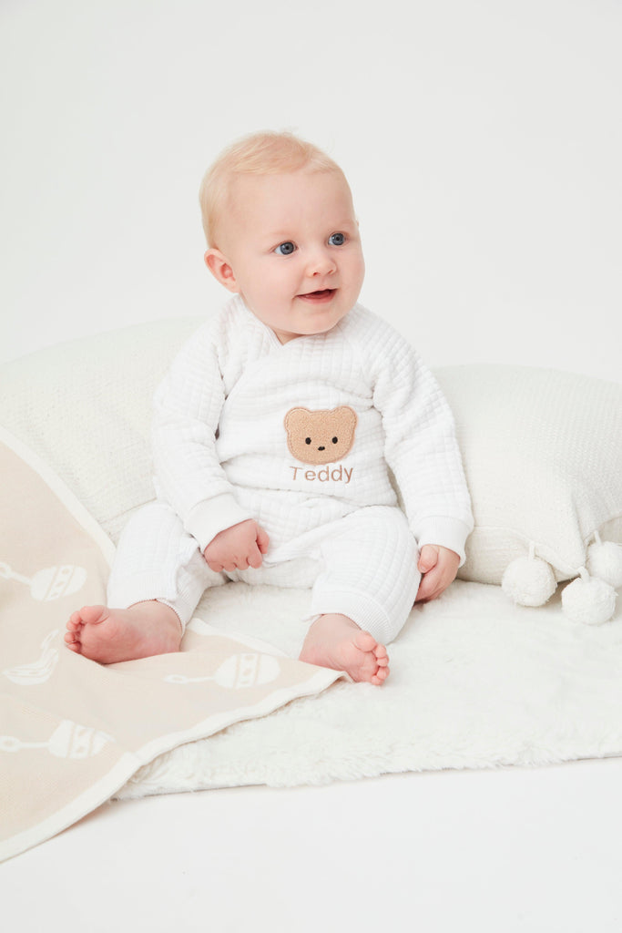 Personalised White Quilted Teddy Bear Boucle Wrap Baby Romper - Babbico