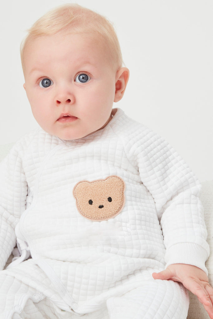 Personalised White Quilted Teddy Bear Boucle Wrap Baby Romper - Babbico