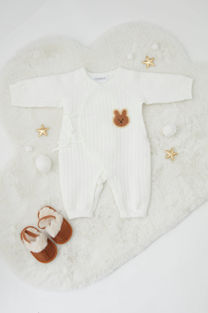 Personalised White Ribbed Brown Bunny Boucle Wrap Baby Romper - Babbico