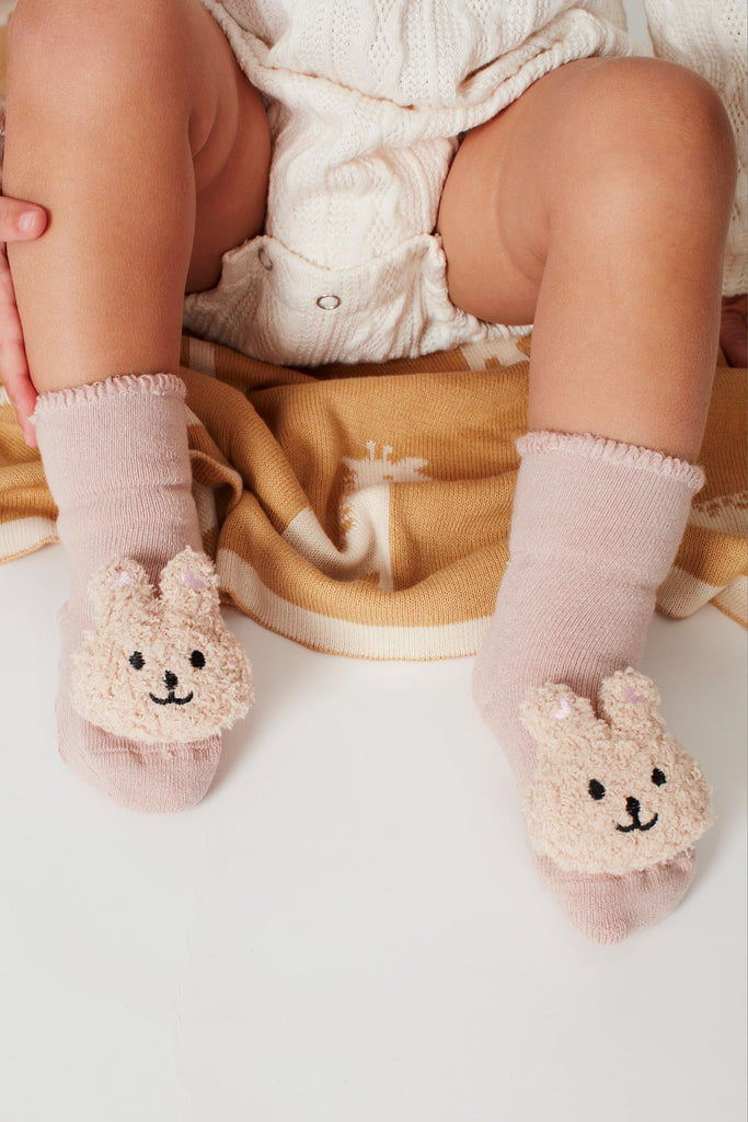 Pink Boucle Bunny Rabbit Slipper Baby Socks - Babbico