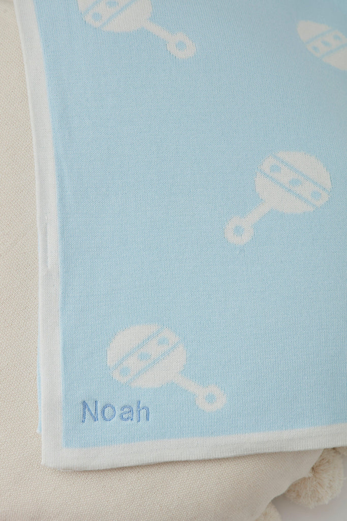 Reversible Blue Rattle Print Cotton Baby Blanket - Babbico