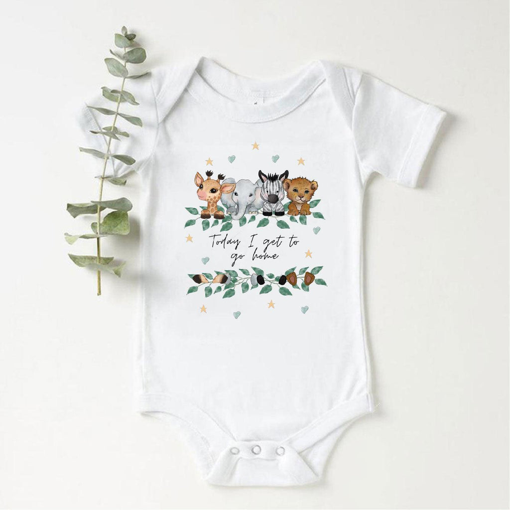 'Today I Get To Go Home' Personalised Baby Boy Animal Print Vest - Babbico