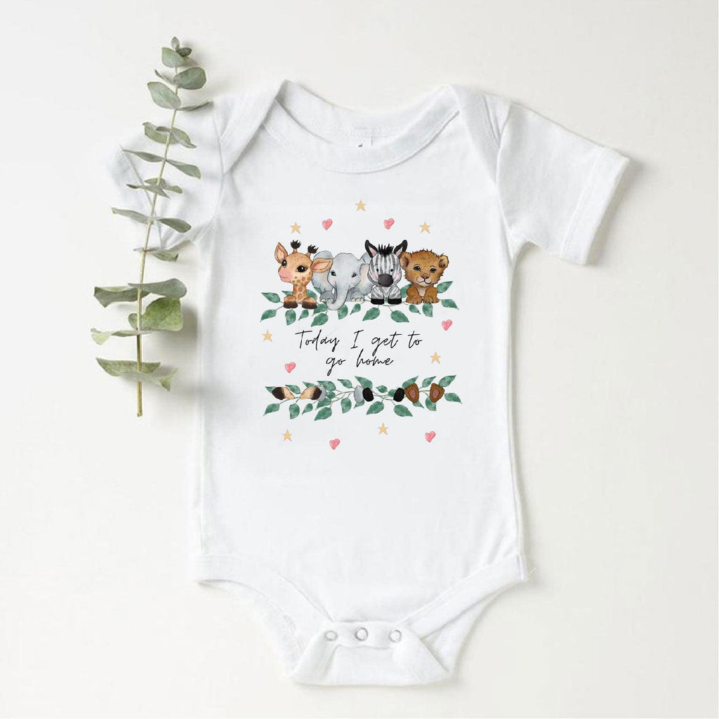 'Today I Get To Go Home' Personalised Baby Girl Animal Print Vest - Babbico