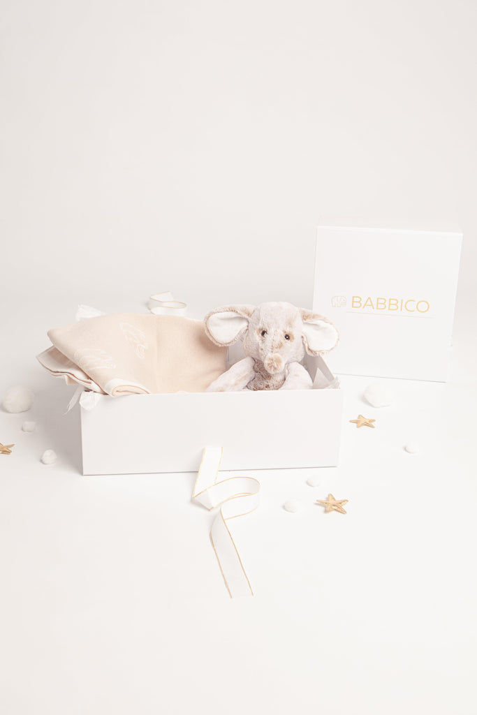 Esme The Elephant Plush Beige Toy & Elephant Print Blanket Baby Gift Set - Babbico