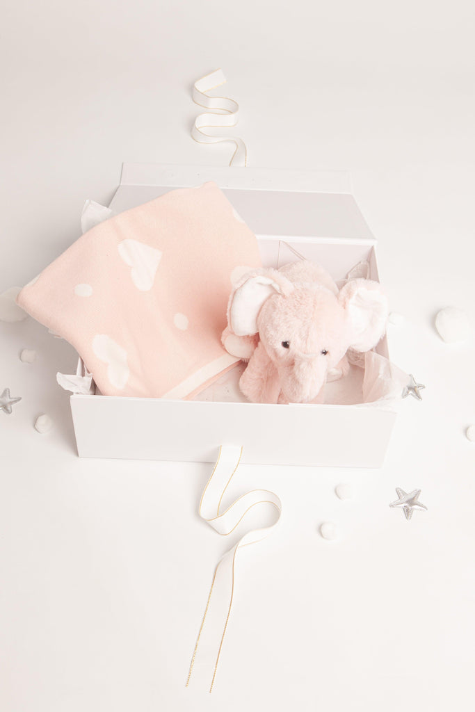 Evie The Elephant Plush Pink Toy & Heart Blanket Baby Gift Set - Babbico