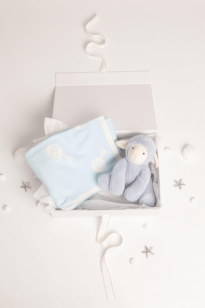 Luca The Lamb Plush Blue Toy & Rattle Blanket Baby Gift Set - Babbico