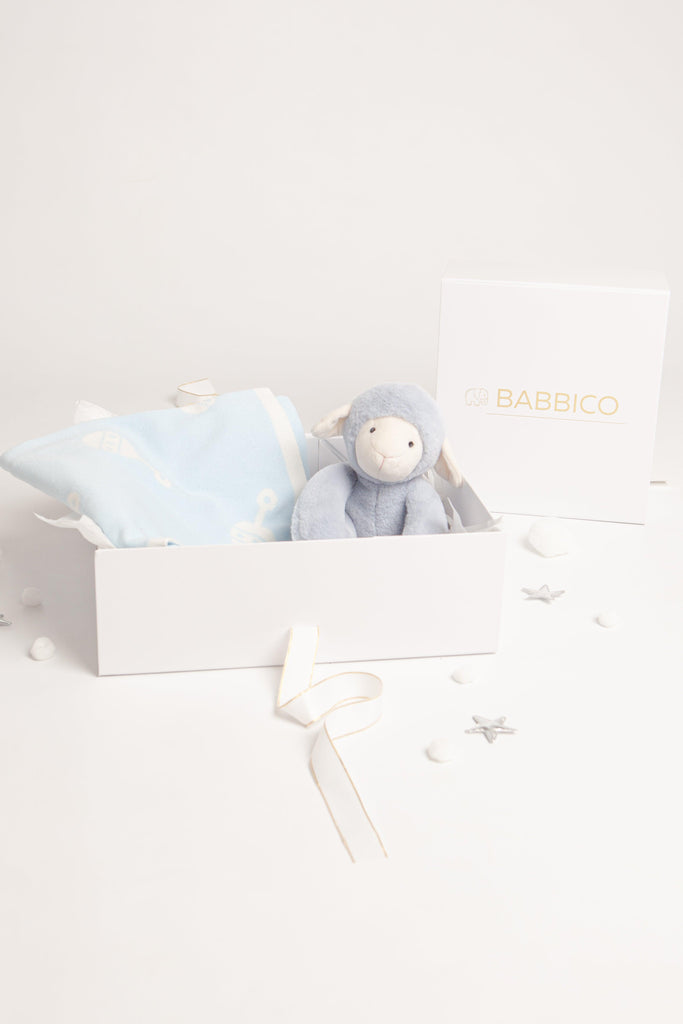 Luca The Lamb Plush Blue Toy & Rattle Blanket Baby Gift Set - Babbico