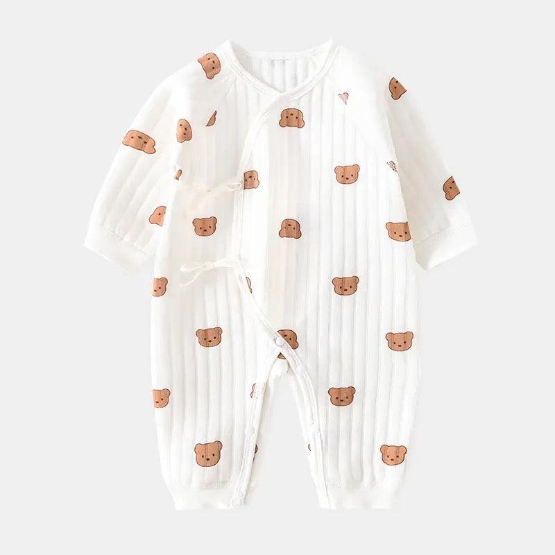 White Teddy Bear Print Wrap Baby Grow Romper - Babbico