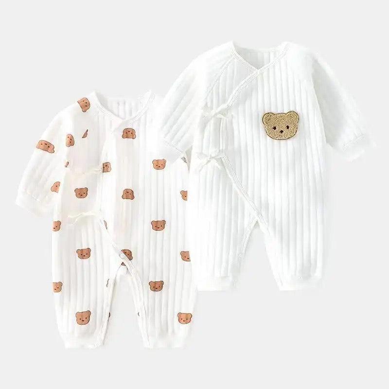 White Teddy Bear Print Wrap Baby Grow Romper - Babbico